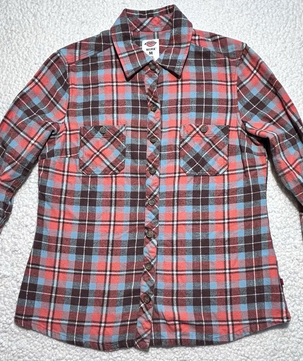 Dickies Work Men M Flannel Shirt Long Sleeve Plaid Orange Blue Brown Cotton